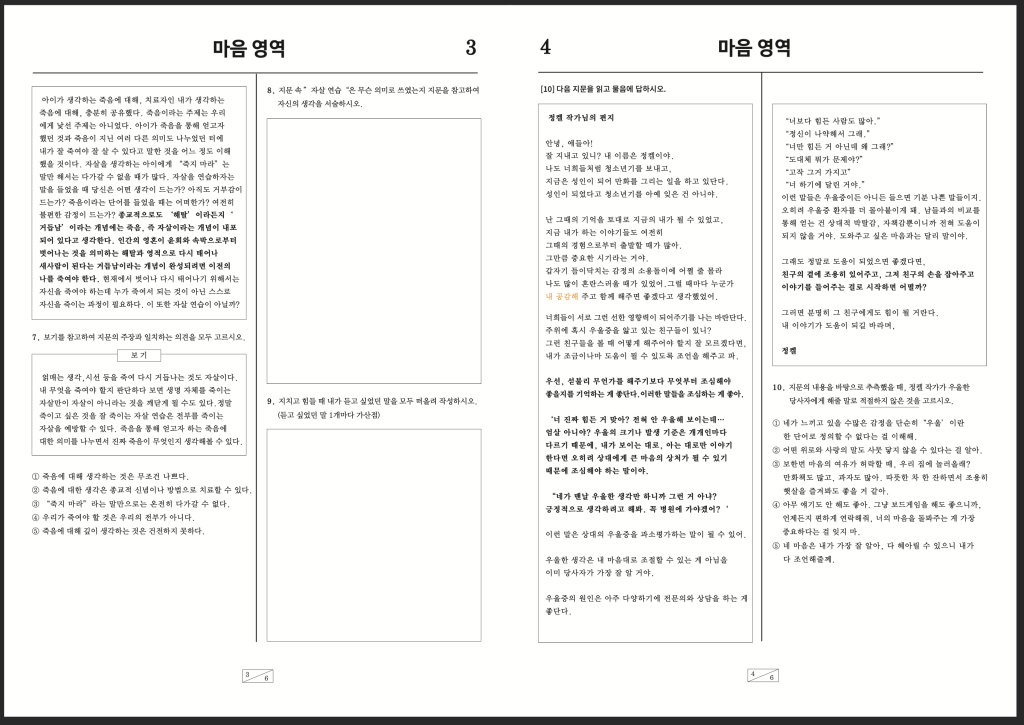 마음풀이 문제지에 문항이 보여지고 있다