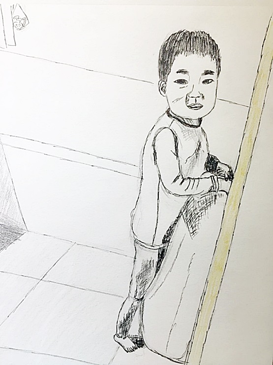 화장실에서 장난치고 있는 사랑스런 아이를 그렸다.