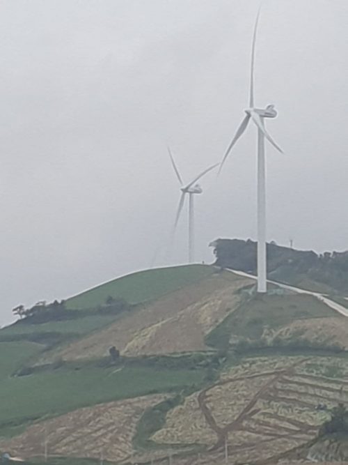대기리 육상풍력발전. 언덕 위로 풍력발전기가 높게 솟아 있다.